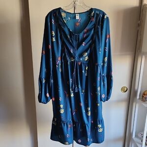 Old Navy Teal Floral Long Sleeve Midi Dress